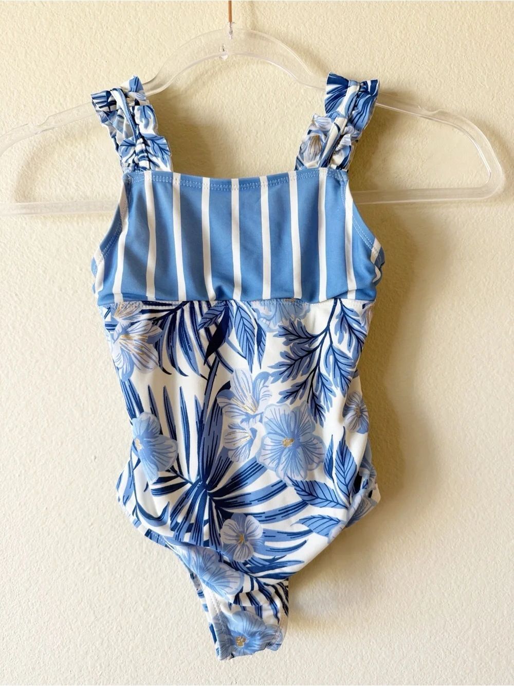 Tommy Bahama Girls Blue Tropical Floral Ruffle One Piece Swimsuit